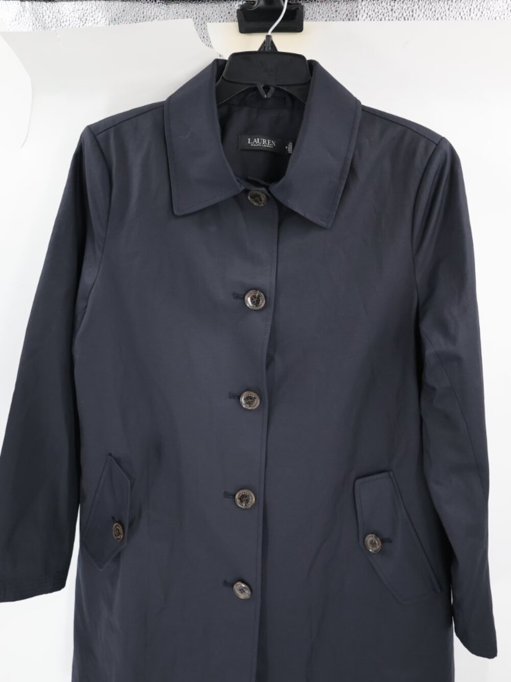 Lauren Ralph Lauren Trench Coat Women Medium Cotton Blend Button Front Dark Navy - Picture 2 of 13